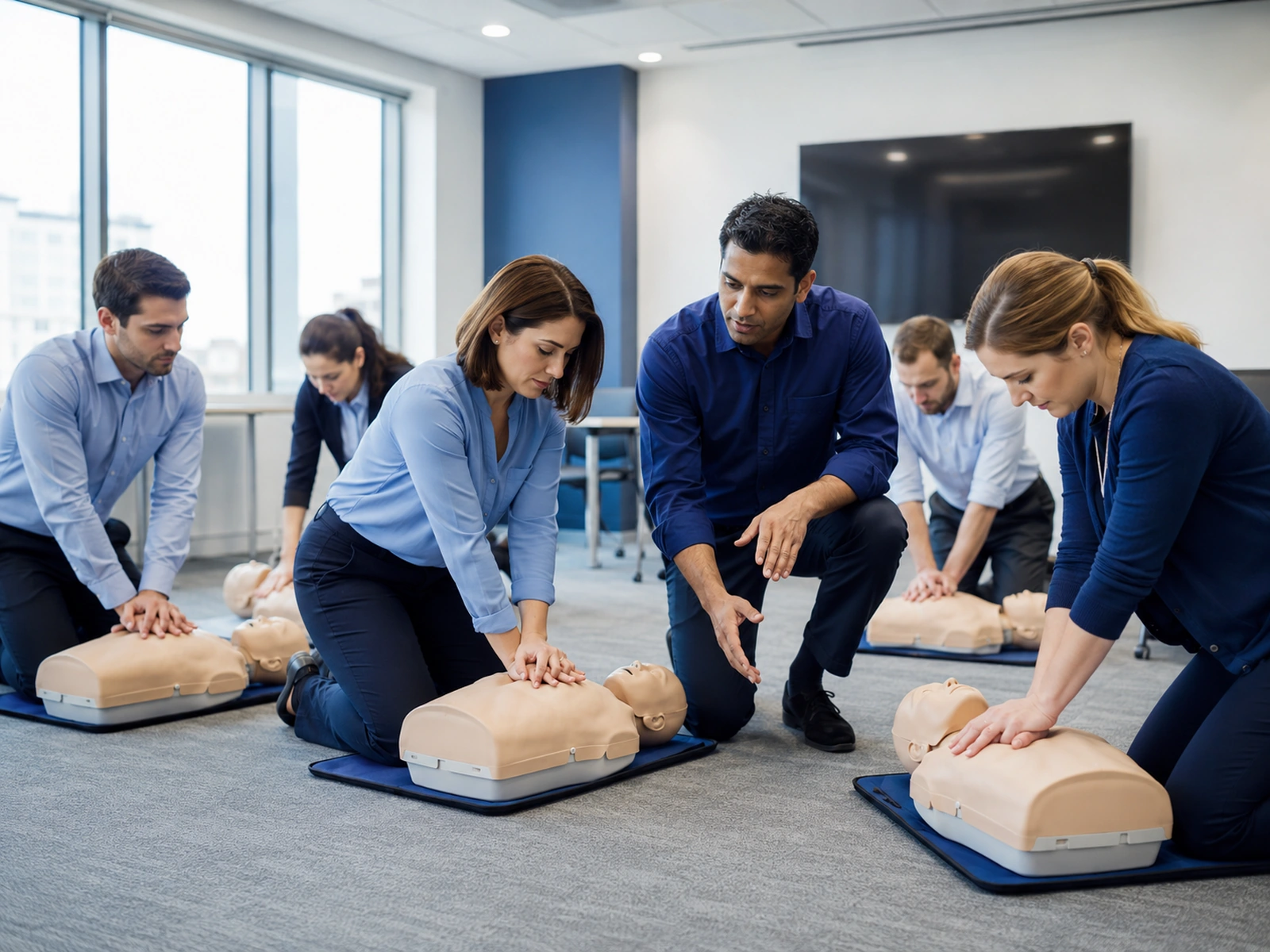 Participantes practicando reanimación cardiopulmonar con un maniquí